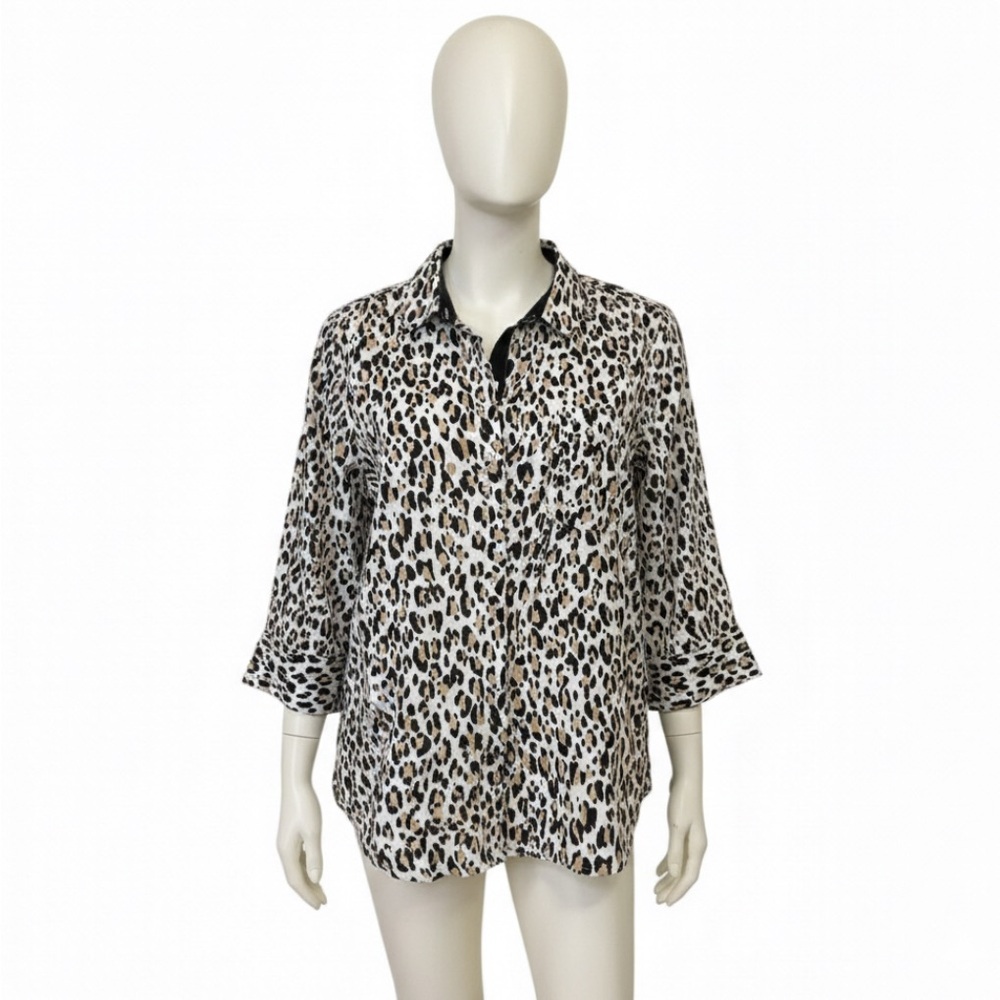 Chico's No-Iron FreshChic Linen Leopard Print Shirt Women's Sz 3 16/18